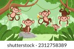 Cute monkeys in jungle vector concept. Tropical and exotic animals with banana on branches. Fauna and wild life, animal reserve. Biology and zoology. Natural landscape. Cartoon flat illustration