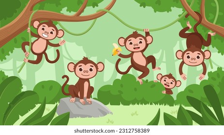 Cute monkeys in jungle vector concept. Tropical and exotic animals with banana on branches. Fauna and wild life, animal reserve. Biology and zoology. Natural landscape. Cartoon flat illustration