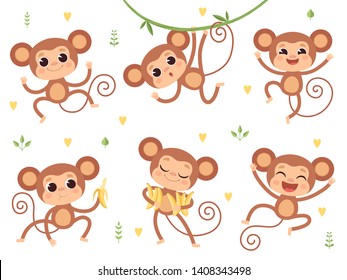 Cute monkeys. Jungle wild animals baby little monkeys playing vector characters in action poses. Happy monkey and chimpanzee with banana illustration