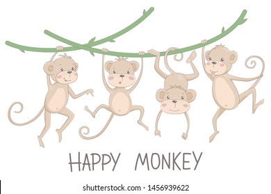 Cute monkeys. Jungle of wild animals, small little monkeys, playing vector characters in various poses. Vector illustration of a happy monkey and chimpanzee.