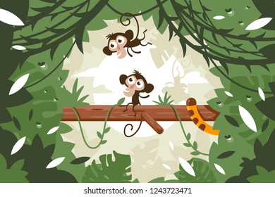 Cute monkeys on tree among vegetation and tail of tiger in jungle. Concept wild nature forest with animals. Vector illustration.