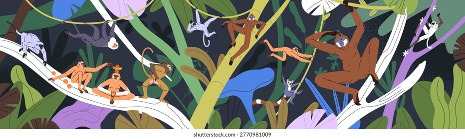 Cute monkeys play in jungle, hanging on lianas, palm branches. Funny group of primates has fun in rainforest. Exotic animals of tropical forest- lemurs, marmosets, gibbons. Flat vector illustration