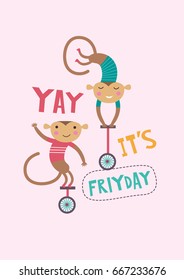 Cute monkeys are riding a monocycle. Vector illustration on a pink background. 