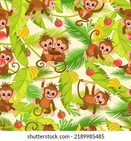 Cute monkeys seamless pattern. Cartoon little primates in jungles. Marmosets hugging on rainforest lianas. Animals eating banana and playing in tropical leaves. Splendid