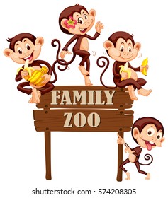 Cute monkeys sitting on wooden sign illustration