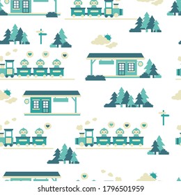 Cute monkey's train station vector illustration seamless pattern