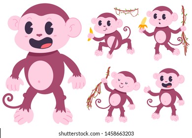 Cute monkeys vector cartoon characters set isolated on white background.