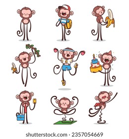 Cute monkeys vector cartoon characters set isolated on a white background.