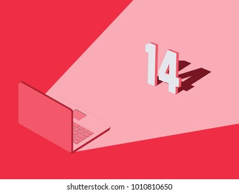 Dibujo monocromático en color rosa, en forma de portaequipajes para el día de San Valentín, con luz emitida por la pantalla y cayendo en el número 14 creando una sombra. 