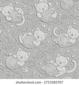 Lindo monocromo 3D en relieve sin patrón con gatitos juguetones que sostienen bolas de hilo, patas y remolinos. Diseño texturizado en relieve para textiles de vivero, Fondo de pantalla, tela, envoltura y fondos acogedores.