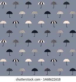 Cute monochrome autumn vector pattern with textured flat umbrellas, seamless repeat. 