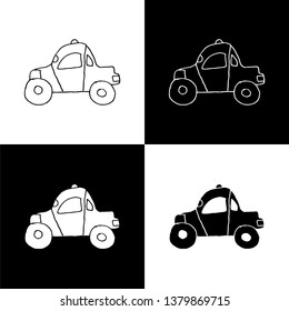 Cute monochrome car icon set for web sites and apps. Sweet doodle black and white car icon set. Isolated funny vector car icon set for various projects.