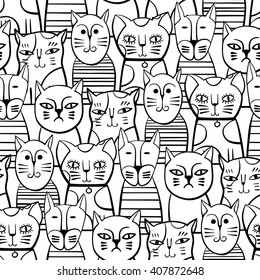Cute monochrome Cats. Cartoon vector seamless pattern.