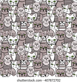Cute monochrome Cats. Cartoon vector seamless pattern.