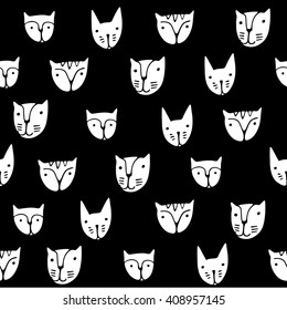 Cute monochrome Cats faces. Cartoon vector seamless pattern.