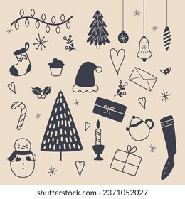 cute monochrome Christmas set from the outline