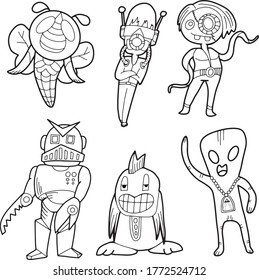 Cute monochrome collection with hand drawn doodle monsters, . Lovely characters staying and watching. Black and white vector childish illustration.