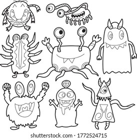 Cute monochrome collection with hand drawn doodle monsters, . Lovely characters staying and watching. Black and white vector childish illustration.