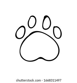 Cute monochrome dog paw print lineart vector clipart. Wildlife animal foot print for dog lovers. Stylized fun kids nature trail. Illustration mark. Isolated claw walking print. EPS 10. 