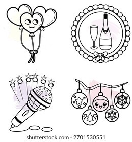 Elementos monocromáticos lindos que ofrecen el amor del karaoke de la celebración y las decoraciones para las tarjetas de felicitación y los diseños