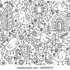 Cute monochrome floral seamless pattern with trees and birds 