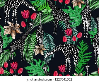 cute monochrome giraffes, bright tulips, lily flowers, tropical leaves on dark background, seamless pattern