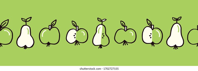Cute Monochrome Green Hand Drawn Felt Tip Pen Fresh and Juicy Apple and Pears Fruits on White Vector Seamless Pattern. Healthy Food Design. 