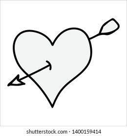 Cute monochrome heart with arrow line art cartoon vector illustration motif set. Hand drawn isolated romantic elements clipart for wedding blog, valentines day graphic, love web buttons.
