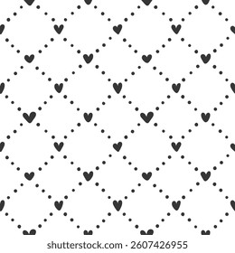 Cute monochrome heart seamless pattern. Vector black hand drawn love hearts and diagonal dotted lines, rhombus texture on white background. Valentines day wallpaper, trendy minimal print design.