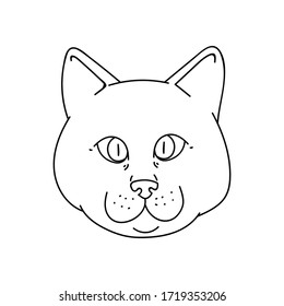 Cute monochrome lineart British shorthair cat face vector clipart. Pedigree kitty breed for cat lovers. Purebred domestic kitten for pet parlor illustration mascot. Isolated feline housecat. EPS 10.