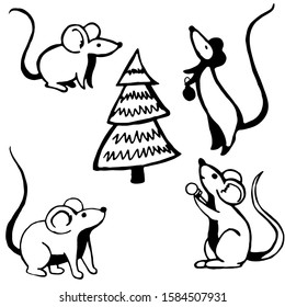 Cute monochrome mouse with garlands and Christmas tree. isolated on white background. Black and white vector illustration for coloring book