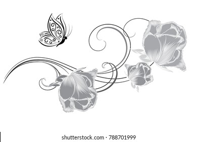 Cute monochrome Muster mit handgemalten Rosen und einem Schmetterling. Delikate Blumen Knospen von Blumen für Design, Karten, Hochzeitseinladungen, Glückwünsche.