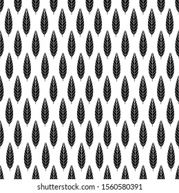 Cute monochrome seamless pattern with black leaves. Black and white vector background. Minimalistic design in scandinavian style. 