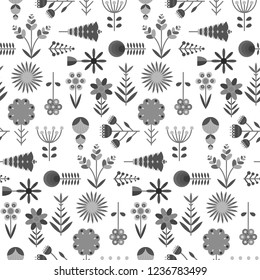 Cute monochrome seamless pattern with flat vector simple abstract flowers. Black, gray and white floral texture for textile, wrapping paper, print design, surface