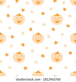 Cute monochrome seamless pattern with pumpkin and stars. Vector illustration in orange tones great for background, decorations, cards, wallpaper, digital paper, wrappings, prints, fabrics, textiles.