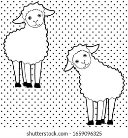 cute monochrome seamless pattern with two cartoon sheep on dotted background