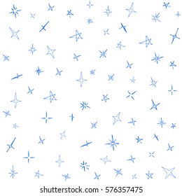 Cute monochrome stars pattern made with ink pen blue colors on white background. Hand drawn abstract dodle style. Perfect for textile or paper design Or wallpaper.