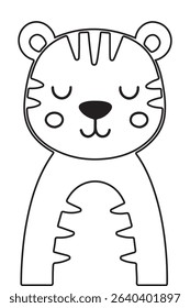 Cute monochrome tiger sticker peeking over a blank label. Flat line-art vector suited for printable crafts, planners, kids’ school labels, and coloring sheets.