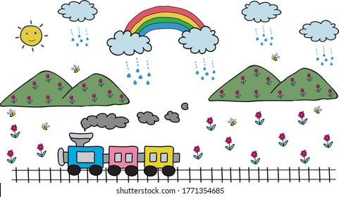 ilustración vectorial monzón lindo para niños, cielo de tren, lluvia, arco iris, verde, diseño de flores para niños, estilo de dibujos animados
