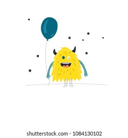 Cute monster with air ballon. Vector illusrtation for poster in kids room, greeting cards and other 