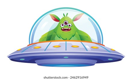 Cute monster alien riding ufo. Vector cartoon illustration isolated on white background