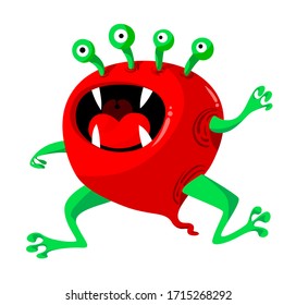 Cute Monster or Alien with Sharp Teeth and Many Eyes Roaring Isolated on White Background. Fantasy Beast, Reptile, Funny Creature, Crazy Demon Yelling. Cartoon Vector Illustration, Icon, Clip Art