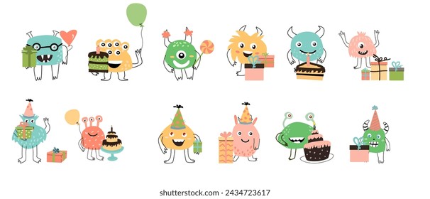 Cute monster for anniversary birthday holiday - big set. Vector illustration can used for banner, baby birthday background, greeting card, poster for interior. 