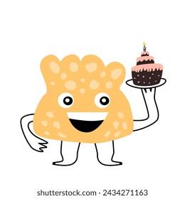 Cute monster baby character for anniversary card with cake. Vector illustration can used for banner, baby birthday background, greeting card, poster for interior. Cute alien or monster smiling