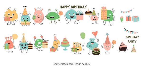 Cute monster baby character for anniversary - big set. Vector illustration can used for banner, baby birthday background, greeting card, poster for interior. 