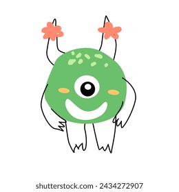 Cute monster baby girl character in green color. Vector illustration can used for banner, baby birthday background, greeting card, poster for interior. 