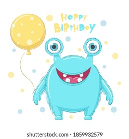 Cute monster with balloon. Happy birthday clipart