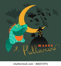 Cute monster with bats. Happy halloween. Vector greeting card