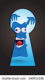 Cute monster behind a keyhole - illustration