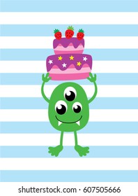 cute monster with birthday cake
